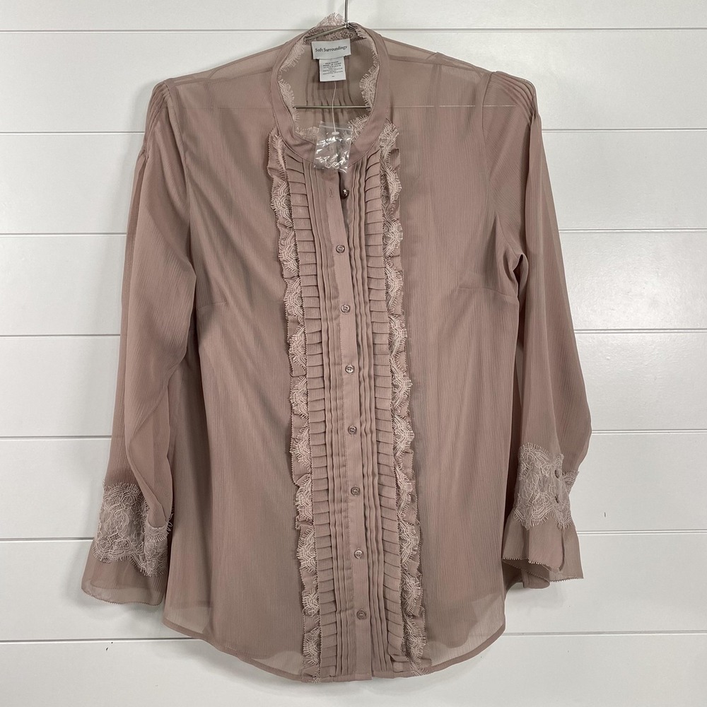 Soft Surroundings Shirt Womens Medium Mauve Pink Lace Pleated Sheer Blouse Top